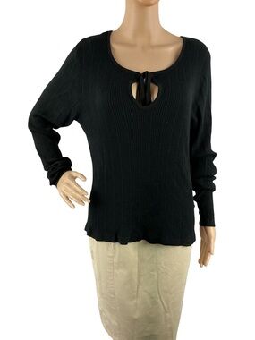 ICHI Black Ribbed Keyhole Tie Front Sweater Size M